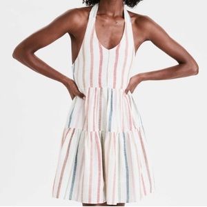 American Eagle—Pockets! Striped Linen Halter Top Tiered Dress